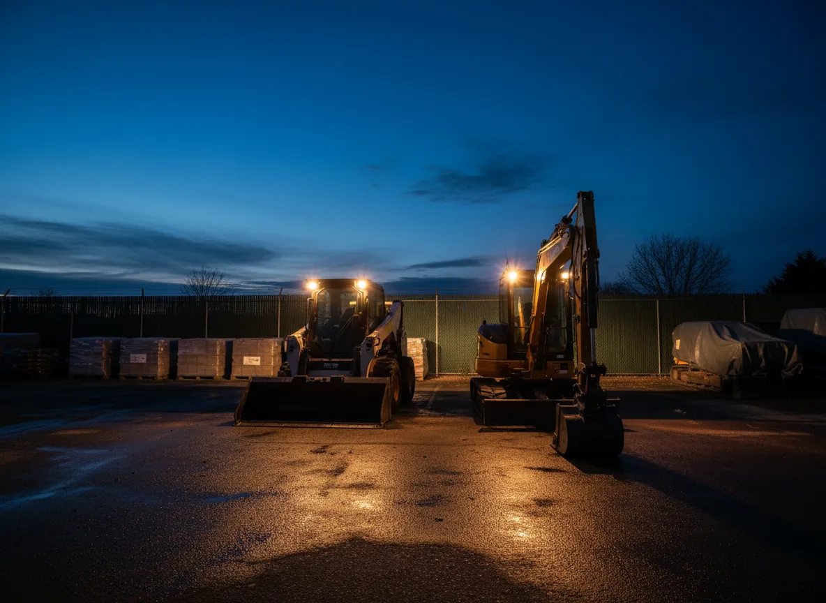 Skid steer and excavator rentals parked at sunset at Ready Line Equipment Rental yard with their headlights on shining onto the yground.